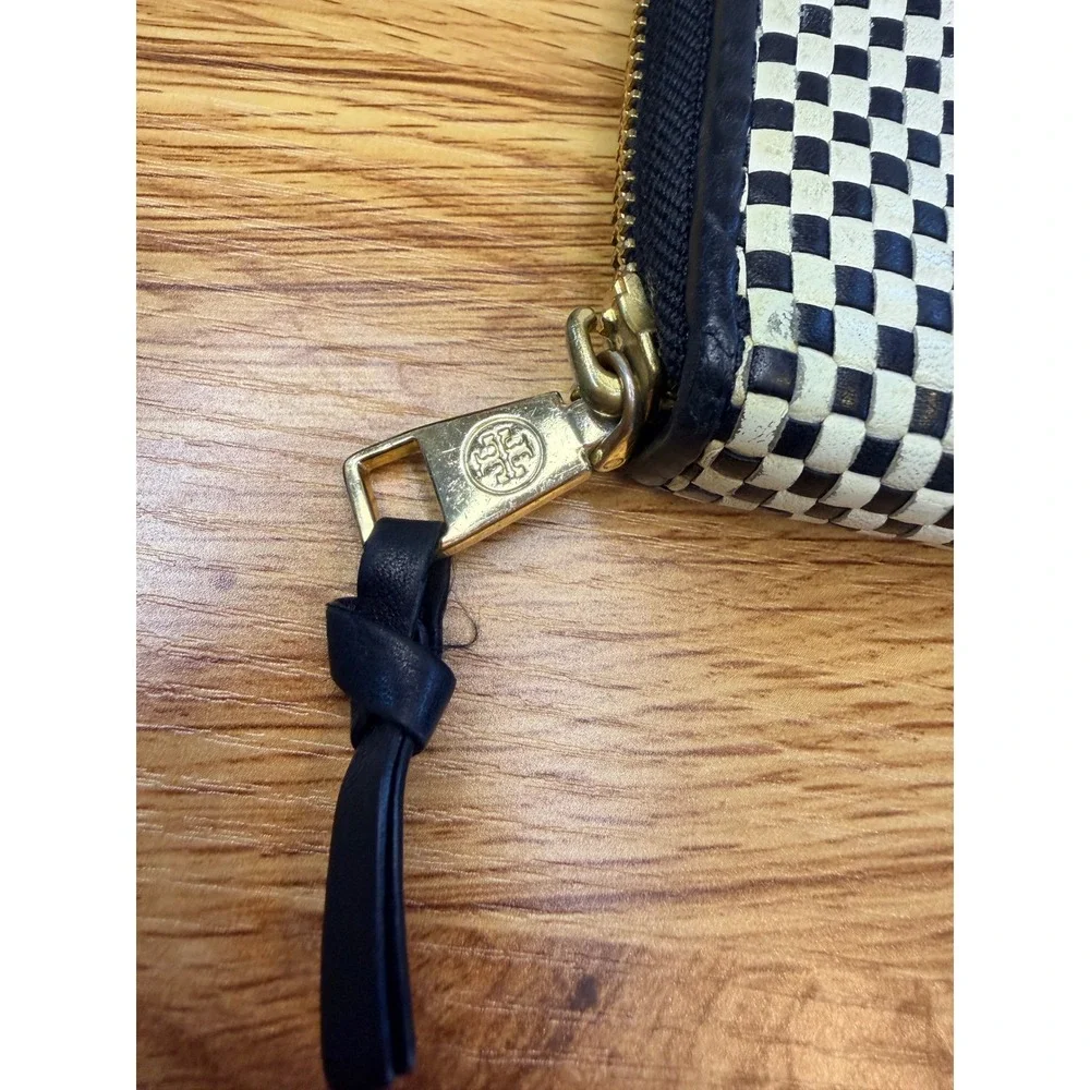 Tory Burch Woven Leather Checkerboard Zip Continental Wallet Navy White OS
